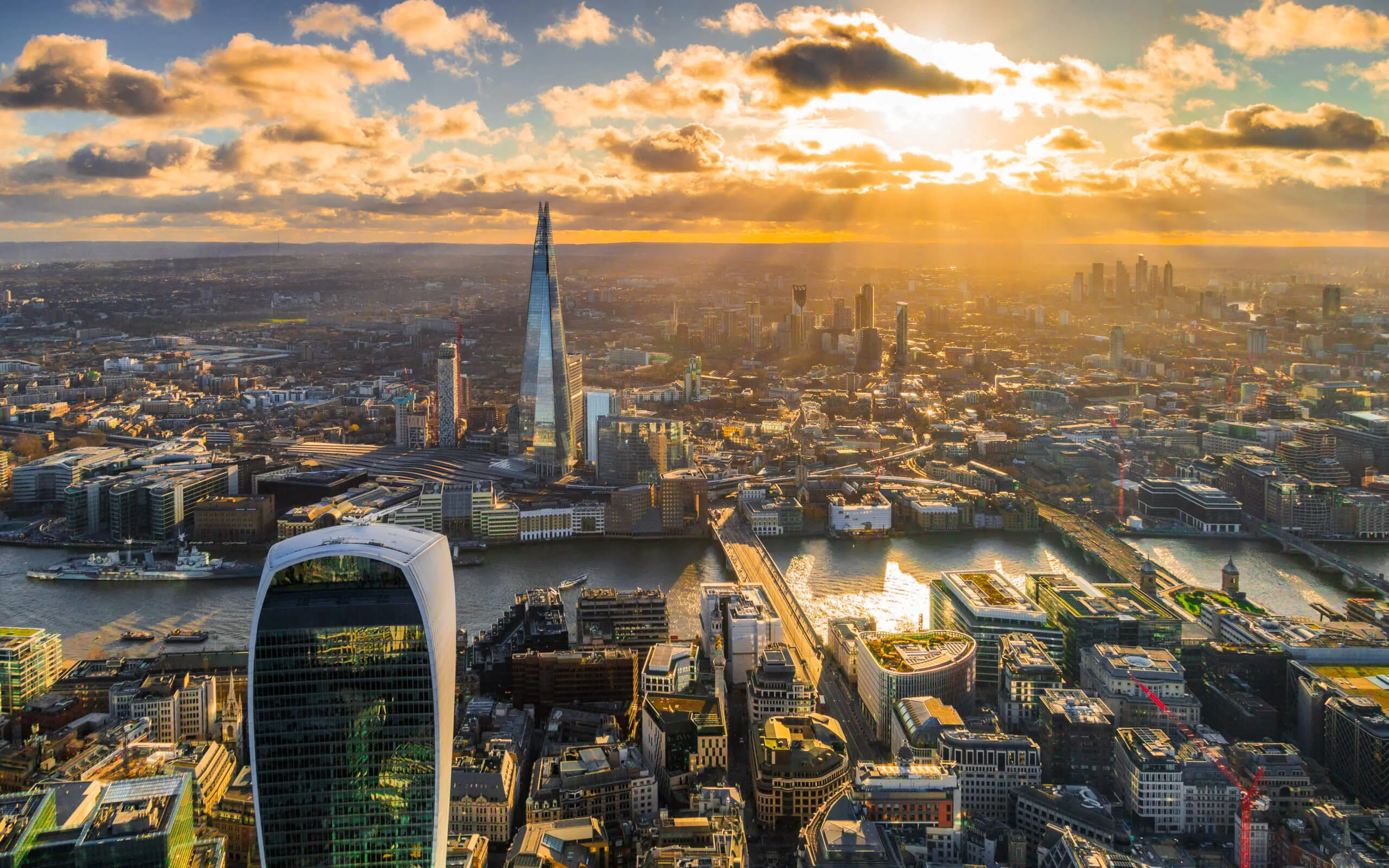 Aerial view of central London skyline at sunset