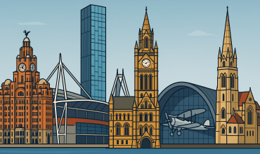 Graphic image of landmarks in London and the UK