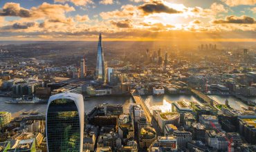 Aerial view of central London skyline at sunset